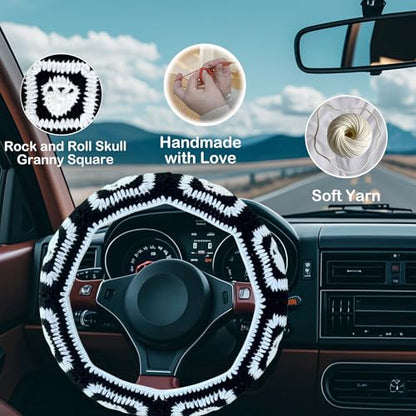 Crochet Steering Wheel Cover,Handmade Rock and Roll Skull Steering Wheel Cover, Skull Wheel Covers Cool Girl & Men, Skeleton Wheel Covers 14-15 in (A Wheel Cover) - color: A wheel cover