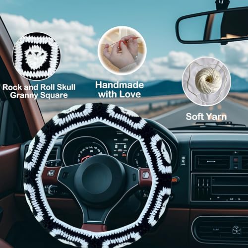 Crochet Steering Wheel Cover,Handmade Rock and Roll Skull Steering Wheel Cover, Skull Wheel Covers Cool Girl & Men, Skeleton Wheel Covers 14-15 in (Wheel Cover Set) - color: Wheel cover set