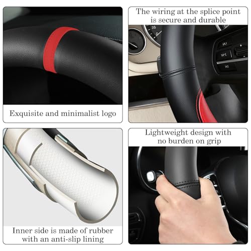 Black Red Car Steering Wheel Cover, Nappa Leather, Bottom Color Blocking, Universal 14.5-15 Inch Leather Anti-Slip Breathable Auto Steering Wheel Covers for Men Women - color: Black Red