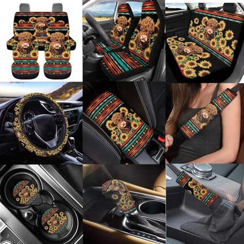 Dreaweet Car Seat Covers Full Set with Steering Wheel Cover/Armrest Cover/Seatbelt Covers/Cup Coasters/Gear Shift Cover/Handbrake Cover,12 Pcs Aztec Highland Cow Sunflower Car Accessories Deocr - color: Aztec Highland Cow Sunflower