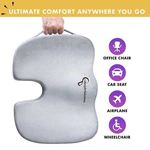 Large Seat Cushion with Carry Handle and Anti Slip Bottom, Large Gel Memory Foam Seat Cushion - Orthopedic Gel & Memory Foam - Coccyx Cushion for Tailbone Pain – Sciatica & Back Pain Relief (Grey)