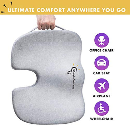 Large Seat Cushion with Carry Handle and Anti Slip Bottom, Large Gel Memory Foam Seat Cushion - Orthopedic Gel & Memory Foam - Coccyx Cushion for Tailbone Pain – Sciatica & Back Pain Relief (Grey)