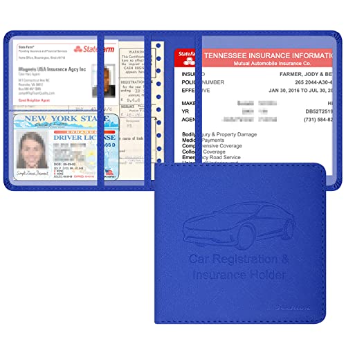 Car Insurance and Registration Holder, 5.5 x 5 Inch PU Leather Vehicle Glove Box Organizer Wallet Case for Insurance Card, Driver License, Paperwork - Blue - color: Blue