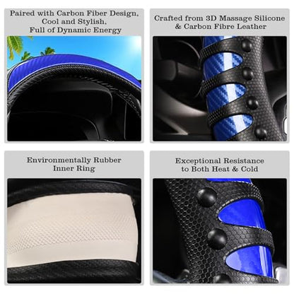Car Leather Steering Wheel Cover - Carbon Fibre Material, Universal 14.5-15 Inch Leather Anti-Slip Breathable Auto Steering Wheel Covers for Men Women (3D Massage - Sports Blue) - color: 3D Massage - Sports Blue