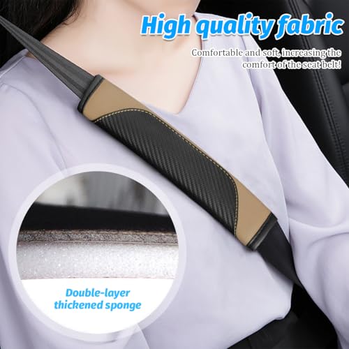 2PCS Carbon Fiber Car Seat Belt Cover, Leather Comfortable Soft Vehicle Seatbelt Pad for Shoulder & Neck, Automotive Interior Seat Strap Cushion Mat, Universal Fit (Black/Beige)