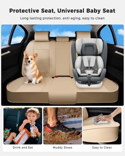 Huidasource Beige Back Seat Covers, Luxury Nappa Leather Rear Seat Cover with Velcro Adjustable, Child Seats, Ventilation Holes, Seat Belts, Car Back Seat Cover Fit for Most Cars SUV Trucks, Beige - color: R# Beige, size: Rear