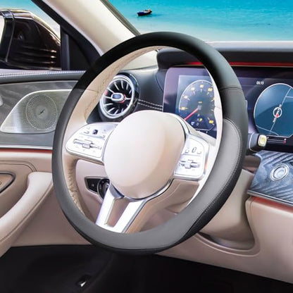 Gray Car Steering Wheel Cover, Nappa Leather, Bottom Color Blocking, Universal 14.5-15 Inch Leather Anti-Slip Breathable Auto Steering Wheel Covers for Men Women - color: Gray