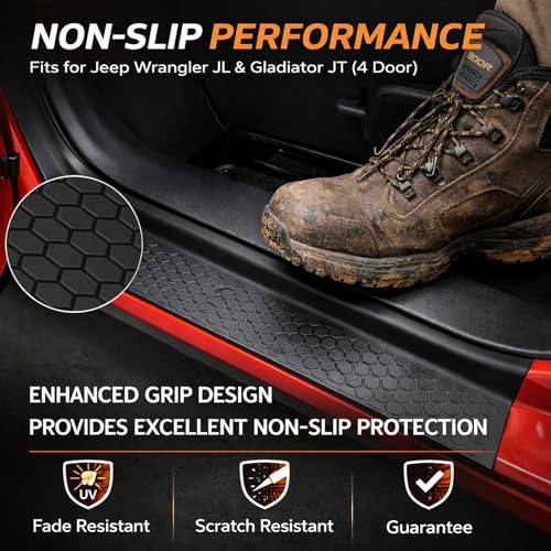 Door Sill Protector Kit for 2018-2025 Jeep Wrangler JL JLU Gladiator JT: Anti-Slip Door Entry Guards, Scratch-Resistant Step Pads, Weatherproof Car Interior Accessories for Off-Road Use