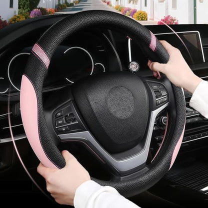Cxtiy Pickup Truck Steering Wheel Cover – Sproty Fahsion Premium Leather Universal Non-Slip Steering Wheel Grip Set for Women Gril 15.5-16 Inch (Pink) - color: Pink