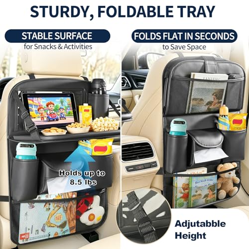 1 Pack Backseat Car Organizer with Foldable Tray Table, PU Leather Seat Back Organizer with Tablet Holder, Large Storage Pockets, Waterproof Kick Mat & Seat Back Protector for Cars, SUVs & Minivans - size: 1 Pack