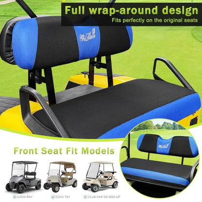 Golf Cart Seat Covers Front & Rear Set for EZGO TXT RXV | Also Fits Club Car DS - 2000-Up | Breathable Mesh | Cool & Sweat-Proof | Machine Washable | Easy to Install, Black&Blue - color: Black & Blue, size: Rear + Front Seat EZGO TXT RXV Club Car DS 2000-