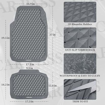 CAR PASS Gray Rubber Car Mats, All-Weather Floor Mats Full Set Durable Anti-Slip 3D Rhombus Waterproof Automotive Pad Trim to Fit Liner Universal Fit for Sedan SUV Truck Van, 4 Pcs All Gray Rubber - color: Gray