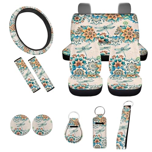 Bohemian Flower Dragonfly Car Seat Covers for Women Men，11pcs Dragonfly Auto Seat Covers for Front Back+ Steering Wheel Cover+Keychain+Cup Coaster+Lipstick Holder Keychain for Most Cars - color: Bohemian Flower Dragonfly
