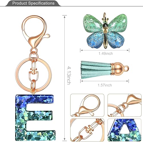 JINGUAZI Initial letter Keychains for Women Tassel Butterfly Pink Purple Cute Car Keychain for Wallet Backpack bag charm - color: E-blue Green