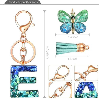 JINGUAZI Initial letter Keychains for Women Tassel Butterfly Pink Purple Cute Car Keychain for Wallet Backpack bag charm - color: E-blue Green