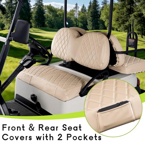 Golf Cart Seat Covers Full Set Front & Rear Kit for Club Car Tempo OEM, Premium Vinyl Leather Replacement Cushion Covers, No Tools Needed & Easy to Clean (Beige) - color: Beige, size: Fit Club Car Tempo OEM Seat