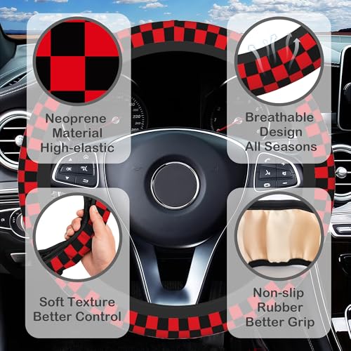 Black and Red Checkered Steering Wheel Cover with 2 Pcs Car Coasters Neoprene Steering Wheel Cover for Women Men Anti-Slip Breathable Car Accessories Universal 15 Inch Fit Auto Cars Trucks - color: Black and Red Checkered
