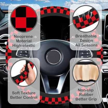 Black and Red Checkered Steering Wheel Cover with 2 Pcs Car Coasters Neoprene Steering Wheel Cover for Women Men Anti-Slip Breathable Car Accessories Universal 15 Inch Fit Auto Cars Trucks - color: Black and Red Checkered
