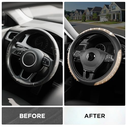 Road Comforts Pixel Glitter Steering Wheel Cover, 14.5–15 Inch Leather Steering Wheels Snug Fit, Anti-Slip Leather Grip, Elegant Sparkle Design, Universal Fit - Golden