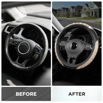 Road Comforts Pixel Glitter Steering Wheel Cover, 14.5–15 Inch Leather Steering Wheels Snug Fit, Anti-Slip Leather Grip, Elegant Sparkle Design, Universal Fit - Golden