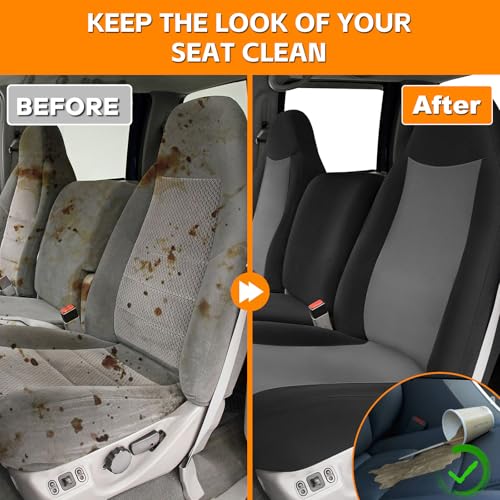 Front Seat Cover Compatible with 1999-2007 Ford F250-F550, Front 40/20/40 Split Bench Seat Cover, Neoprene Fabric with Pointed Molded Headrests & Opening Console, No Shoulder on the Backrests - color: black and charcoal