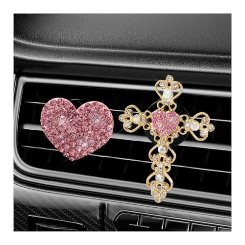 2 PCS Bling Car Vent Clip, Crystal Rhinestone Cross and Heart Car Air Fresheners Vent Clips, Diamond Car Air Conditioner Outlet Decoration Charm for Women, Car Accessories (Pink)