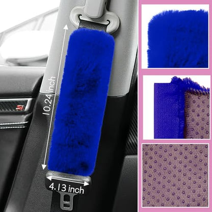 Wuyaoyao 10PCS Fluffy Car Accessories Set for Women Girls, Cute Furry Steering Wheel Cover, Gear Shift & Handbrake Cover, Armrest Pad, Seat Belt Shoulder Pads, Diamond Ignition Ring & Cup Mats (Blue)