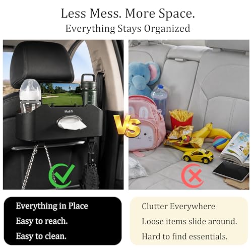 Mu&Ti Back Seat Car Organizer,4+2 in 1 Multifunctional Car Back Seat Storage Box with 2 Cup Holders, Tissue Box and Hook - Ideal for Kids and Travel(Black) - style: Car Storage Box（black）