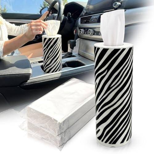 Car Tissues Cylinder for Cup Holder - Refillable Round Tissues Canister with 2 Packs Tissue - Wild Safari Car Interior Decor Accessories for Women & Men - Fits Standard Cars Cup Holders (Zebra Print) - color: Zebra Print