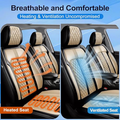 Fit Land Rover Range Rover Sport Car Seat Covers (Front Pair) for Land Rover Range Rover Sport 2005-2026, Full Coverage Leather, Waterproof, All Weather Breathable Seat Protector, Black+Beige