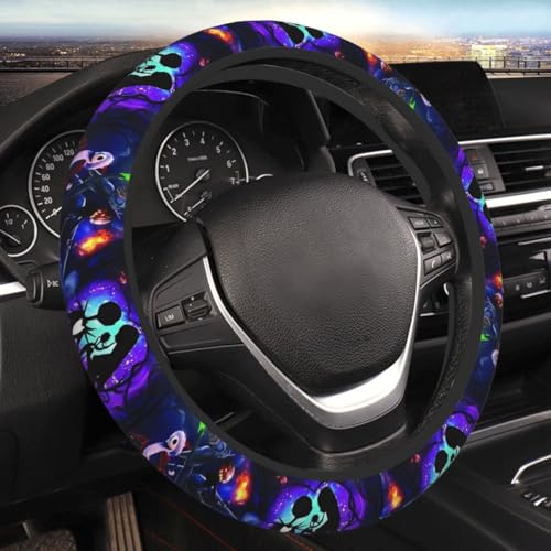Halloween Jack and Sally Horror Nightmare Christmas Steering Wheel Cover for Women, Neoprene Anti-Slip Universal 15 inch Car Steering Wheel, Anime Car Accessories for Vehicle SUV (1)