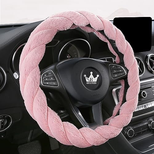 HighnessHwoo Luxury Fluffy Winter Car Steering Wheel Cover for Women Soft Warm Handle Cover for Jeep Truck Van F150 Universal Fuzzy Anti Slip, Pink - color: Pink, size: Large Size [15.2-16"] (38.6-40.5cm)