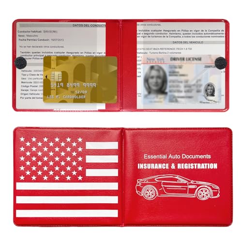 2PCS Car Registration and Insurance Holder, Waterproof Auto Card Document Glove Box Organizer with Closure, Vehicle Paperwork Organizer Document Holder for Most Cars (Rear Flag, Red) - color: Rear Flag, Red