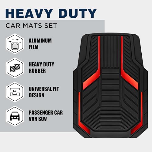 PIC AUTO Heavy Duty Rubber Floor Mats, Red Aluminum Film Car Mats Set, Front and Rear Car Mats with Anti-Slip Backing, All Weather Protection, Trim-to-Fit for Automotive SUV, Sedan, Van - color: Red