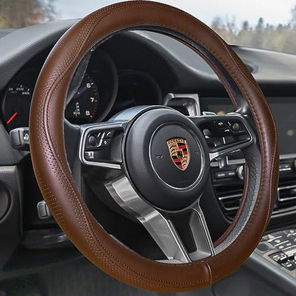 HAOKAY Top Grade Brown Genuine Leather Steering Wheel Cover Men Women, Luxury Steering Wheel Cover for Cars, SUVS and Trucks, Universal 14.5-15 inch - color: BROWN
