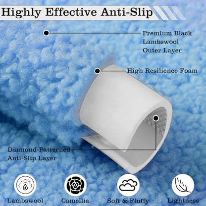 Blue Camellia Lambswool Steering Wheel Cover, for Universal Auto Steering Wheel 14.5-15 in, Lambswool Fabric, Anti-Slip, Soft Plush, Comforting and Luxurious, Embroidery Patterns, Soft Texture