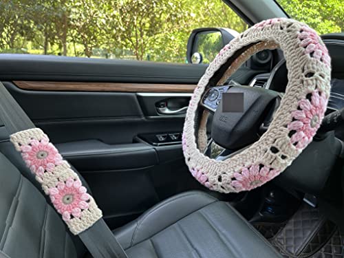Crochet Sunflower Car Steering Wheel Covers Light Pink Universal 14-15 inch for Women/Men (Steering Wheel Cover+2 Belt Cover) - color: Steering Wheel Cover+2 Belt Cover