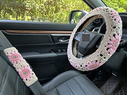 Crochet Sunflower Car Steering Wheel Covers Light Pink Universal 14-15 inch for Women/Men (Steering Wheel Cover+2 Belt Cover) - color: Steering Wheel Cover+2 Belt Cover