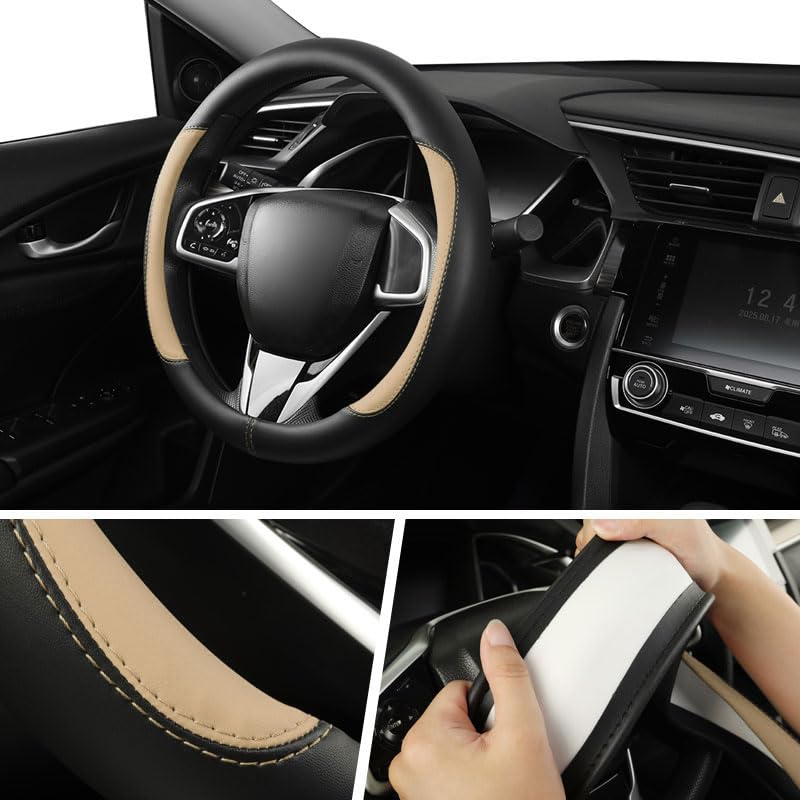 Car Steering Wheel Cover,Microfiber Leather Steering Wheel Cover Universal 15.5-16 inch Large Size for F150 F250 F350 Ram Tacoma 4Runner Tundra Range Rover (Black&Beige) - color: Black&Beige, size: Large Size[15.5"-16"]