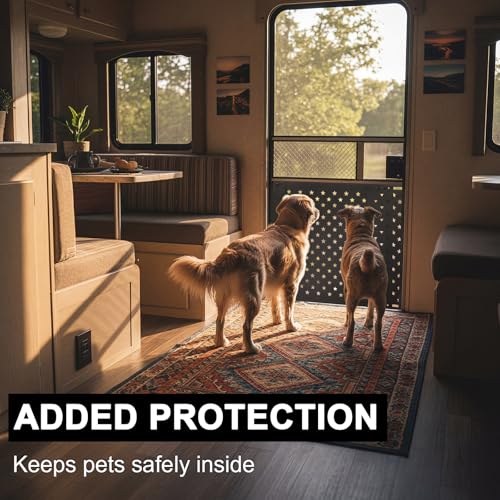 18" Adjustable RV Screen Door Protector for Dogs, Aluminum RV Screen Door Guard Grille, Fits 22"-31.5" Wide Camper Entry Doors Pet Scratch Shield Barrier with USA Flag Dog Head and Star Design