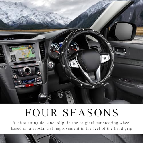 Bling Crystal Steering Wheel Cover, 15 Inch Soft Leather Sparkling Rhinestone Steering Wheel Protector, Universal Anti-Slip Steering Wheel Pad for Women Girls, Car Accessories (Black) - color: Black