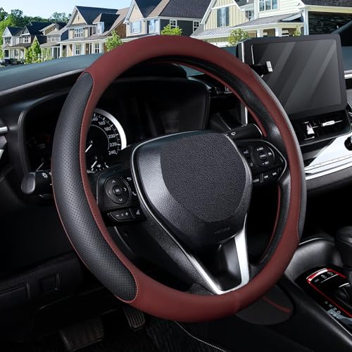 SEG Direct Steering Wheel Cover for 14.5-15 inch Wheels, Breathable PU Leather with Perforated Sides, Anti-Slip Grip, Universal Fit for Cars & SUVs, Black and Burgundy - color: Black & Burgundy, size: O-shaped