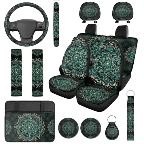 14 Pcs Green Mandala Car Seat Covers with Steering Wheel Cover,Seat Belt Covers Cup Holder with Keychain,Novelty Automotive Protector Set Universal Fit Cars SUV Truckss,Green