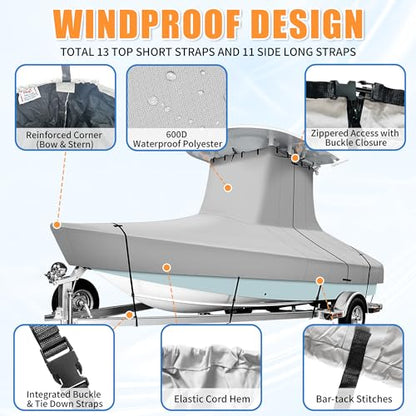 iCOVER T-Top Boat Cover, 600D Heavy Duty Marine Grade Waterproof Tear Resistant Boat Cover for Center Console Boat with T TOP Roof, Fits 16'-18.5' Long Beam Width up to 98", Grey - color: T-TOP, size: C: 16-18.5' Long, Beam Width up to 98" W