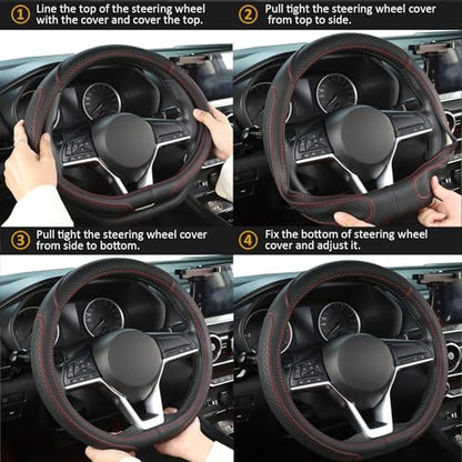 Customized Auto Car Steering Wheel Cover for Nissan,D Shaped Steering Wheel Cover for Rogue,Altima,Kicks (D-Shaped-Black+Red Line)