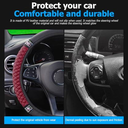 Osilly Bling Car Steering Wheel Cover, 15 Inch Rhinestones Soft Leather Elastic Steering Wheel Protector, Sparkly Crystal Diamond for Women Girls (Wine Red) - color: Wine Red