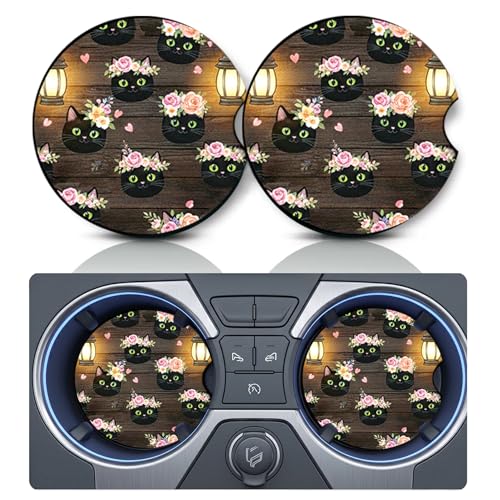 2PCS Flowers 6 Cats Car Cup Holder Coasters, Cars Coasters for Cup Holders, Anti Slip Rubber Mat with Finger Slot, Cat Car Accessories Interior Decor, Cat Lover Gifts for Women, Men - color: Flowers and Cats