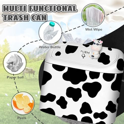 Car Cow Print Trash Can - White Garbage Organizer Holder with Black Trash Bag Rolls, Cute Automotive Dustbin for Most Cars Interior Accessories (1, White)