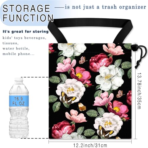 Car Trash Bag Hanging Back of Seat Waterproof Small Cute Printed One-handed Strap Drawstring Garbage Bags for Car-Black Floral - color: Black Floral Car Trash Bag