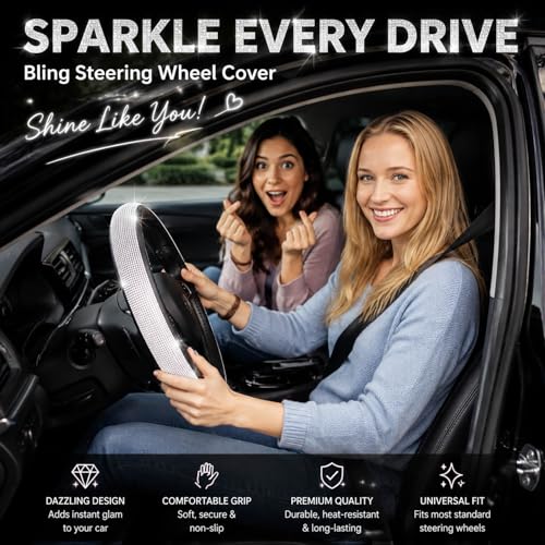 New Diamond+Leather Steering Wheel Cover,Bling Crystal Rhinestones Steering Wheel Cover Universal Fit 15" Car Wheel Protector for Women Girls (Black Leather+White Diamond) - color: black leather+white Diamond